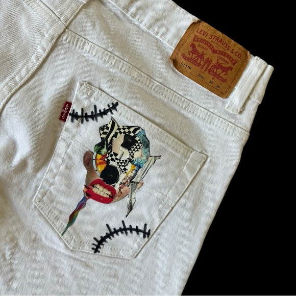 Unisex Up-cycled reworked one of a kind custom made 511 slim Levi’s white jeans. - Picture 2 of 16